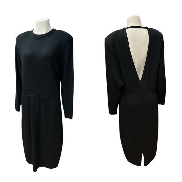 Vintage St. John Black Knit Sweater Dress Long Sleeve Open Deep V Back / Large - Picture 3 of 4